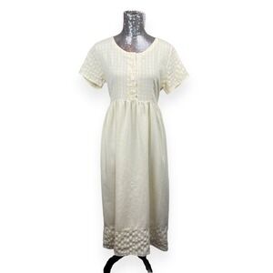 Vintage 90s Cottagecore Gingham Midi Babydoll Dress Medium Button Front Tie Back